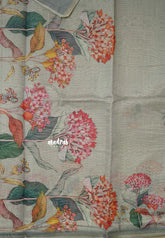 Grey - Silk Linen Floral Prints with Tiny Border